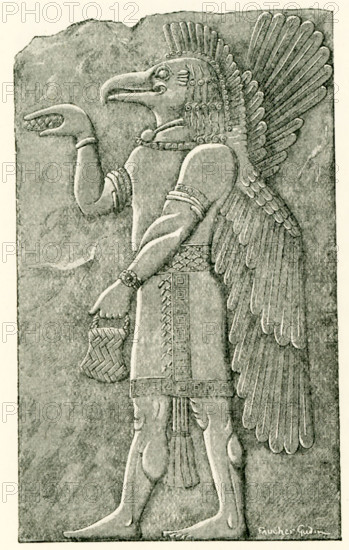 This bas-relief from Khorsabad was drawn by French artist Henri Faucher-Gudin, who illustrated for Gaston Maspero. It shows an eagle-headed  genie. According to the ancient Assyrians, a genie was a non-human protective figure. Here the genie is shown with two wings, an eagle head adorned with a feather headdress, and a curved beak with a long tongue. The genie is depicted sprinkling water on a tree (the nodules on the right belong to the tree) with what is probably a pine cone. Perhaps it is fertilizing the tree and perhaps the tree is symbolic of the tree of life.  Khorsabad is the present-day name for Dur-Sharrukin, the Assyrian capital at the time when Sargon II ruled Assyria from 722-705 B.C., which lies in northern present-day Iraq.