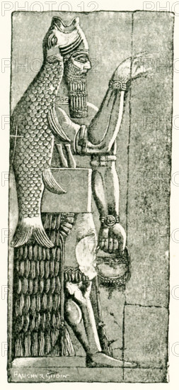 This figure, known as a god-fish, was drawn by Faucher-Gudin from an Assyrian bas-relief from Nimrud to accompany a book on ancient Egypt by Gaston Maspero. This bas-relief decorated an area near to entrance to the Assyrian palace at Nimrud. This fish-god was known as Dagon. Nimrud, on eof the chief cities of ancient Assyria, is in what is present-day northern Iraq.