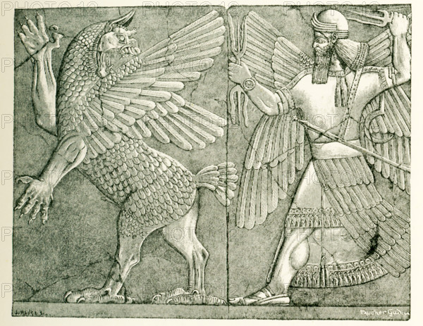 This ancient Assyrian relief shows the god Bel-Merodach (also spelled Marduk), armed with the thunderbolt, doing battle with the tumultuous Tiamat (figure on left). Marduk was all-powerful, a healer, and mediator for humans. Marduk was called upon to save humanity from evil. Tiamat was the symbol of chaos. The struggle between Marduk and Tiamat was a favorite theme for ancient Assyrian artists. It was drawn by Faucher-Gudin to accompany text in a book on ancient Egypt and the Levant by Gaston Maspero. The actual bas-relief is from Nimrud and is preserved in the British Museum.