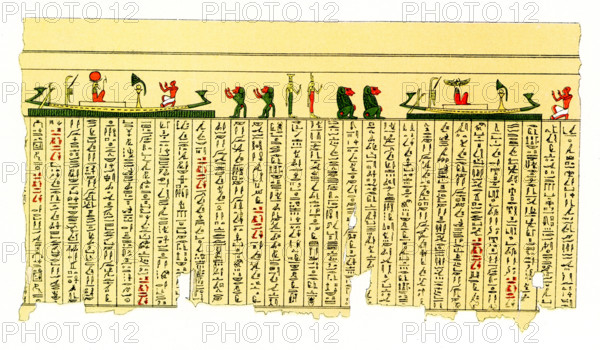 The caption on this 1804 image reads: “Manuscript on papyrus in hieroglyphs.” The two most common pigments seen on papyri are black and red.  The black ink you see most often is used for writing the letters of the hieroglyphs or hieratic text and is almost always a carbon black ink. The red was often used for rubrics such as titles and headings to distinguish them from the rest of the text.