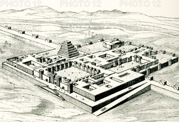 The 1904 caption for this image reads: “Bird's eye view of Sargon's Palace at Dur-Sharrukin drawn by Boudier from the restoration by Thomas in place.” Sargon's palace ( Dur Sharrukin) is an immediate predecessor of Sennasherib's Palace, with its Hanging Gardens, at Nineveh, to the south west of Khorsabad. The outer wall of the Sargon's fortress covered an area of three square kilometres and had seven fortified gates. Sargon II, (died 705 BCE), one of Assyria’s great kings (reigned 721–705 BCE) during the last century of its history. He extended and consolidated the conquests of his presumed father, Tiglath-pileser III.