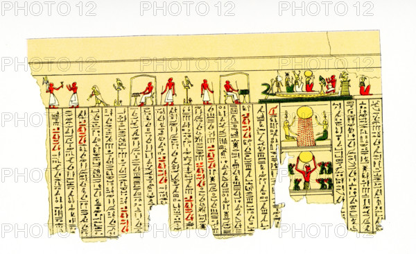 The caption on this 1804 image reads: “Illustrated manuscript on papyrus in hieroglyphs.” The two most common pigments seen on papyri are black and red.  The black ink you see most often is used for writing the letters of the hieroglyphs or hieratic text and is almost always a carbon black ink. The red was often used for rubrics such as titles and headings to distinguish them from the rest of the text.