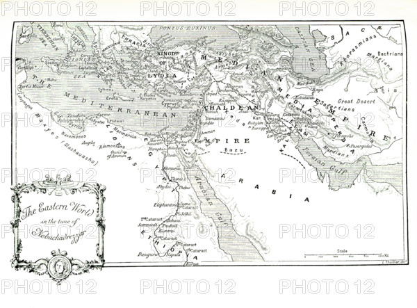 This 1903 illustration shows a map of the eastern world in the time of Nebuchadrezzar. Nebuchadnezzar was king of Babylon 605-562 B.C. He determined to make his capital city of Babylon the finest in the world. He is known for the area of his palace in Babylon  that  came to be known as the Hanging Gardens and was considered one of the seven ancient wonders of the world. Scholars differ on their size, but archaeological excavations do attest to some type of grandiose structure.