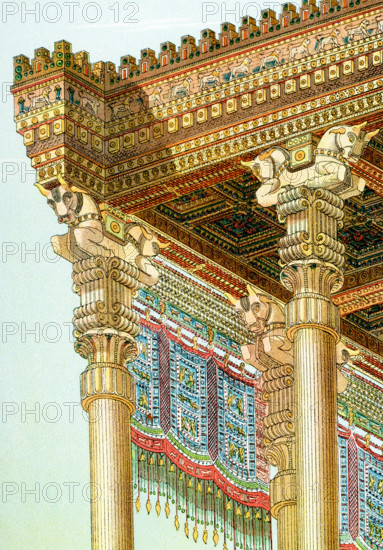 This 1903 illustration shows a  detail of the entablature of the hypostyle hall of Xerxes. A hypostyle hall has a flat ceiling which is supported by columns. The Hypostyle Hall of Xerxes, King of Persia who reigned from 485 to 465 B.C., served as a throne-room or audience hall. It was open air all year round, but the spaces between the columns could no doubt be closed with gorgeous hangings on the sunny side. Detached columnades surrounded it on three sides, the style of the pillars being slightly different from that in the body of the hall; The columns were 65 feet in height and crowned with double bull's head capital.