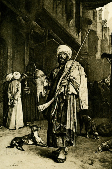 Arab Street vendor of Curios in Cairo - after a painting by Gerome. Jean-Léon Gérôme (1824 – 1904) was a French painter and sculptor in the style now known as academicism.