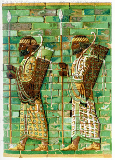 This 1903 illustration shows a frieze of archers at Susa. Shown here is part of the relief frieze in colored glazed tile from the Audience Hall (known as the apadana) of the royal palace at Susa (in present-day Iran). The figures represent members of the powerful royal bodyguard of a Persian king around 400 B.C. , the time of Darius I, who invaded Greece and started what is known today as the Persian Wars (the Greeks being the victors). Darius I built the palace. This relief is now housed in the Louvre in Paris, France.