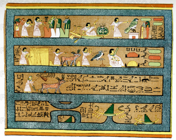 Occupations of Ani in Elysian Fields. This scene is taken from the Papyrus of Ani, a copy of the Egyptian Book of the Dead that dates to the 19th Dynasty. It shows Ani worshiping. The god Thoth introduces Ani into the presence of three gods. Ani worships the sun god Re before two altars and carries lotus flowers. It also shows him plowing and reaping in the Fields of the Dead, through which water flows.