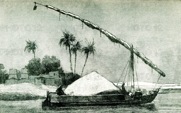 This 1903 illustration shows a typical Nile boat trasnporting a load of grain on the Nile River.