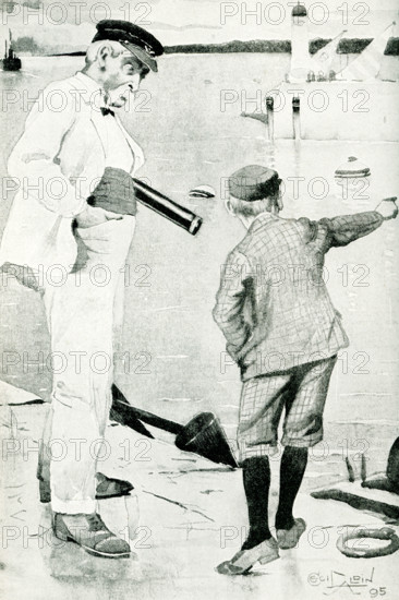 The caption for this 1895 illustration reads: Little Trevor replied by reeling off the list of all the house-flags in sight at the moorings - from An Unqualified Pilot by Rudyard Kipling that was published in 1895. This tale is founded on something that happened a good many years ago in the Port of Calcutta, before wireless telegraphy was used on ships, and men and boys were less easy to catch when once they were in a ship. Joseph Rudyard Kipling (1865 – 1936) was an English short-story writer, poet, and novelist. He wrote tales and poems of British soldiers in India and stories for children.