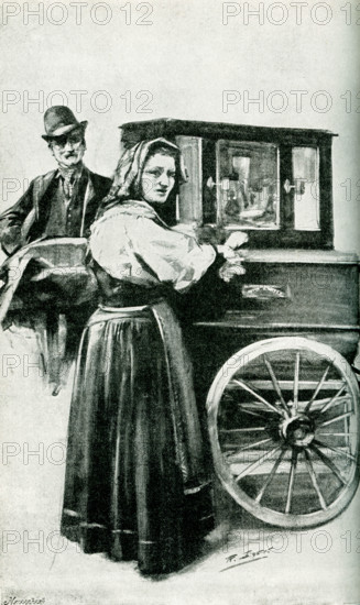 This 1895 illustration shows a piano organ-grinder. The organ grinder was a musical novelty street performer of the 19th century and the early part of the 20th century, and refers to the operator of a street or barrel organ.