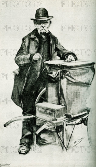 This 1895 illustration shows an old barrel-organ grinder. The organ grinder was a musical novelty street performer of the 19th century and the early part of the 20th century, and refers to the operator of a street or barrel organ. The illustrator was R Jack.