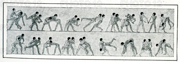 This wall painting showing wrestlers was found at Beni Hasan,  and is based on the drawing done by Champollion. Beni Hasan is an ancient Egyptian cemetery located in Middle Egypt. It was used primarily during the Middle Kingdom (the 21st to 17th centuries B.C.). The people are thought to be perhaps Hyksos, a Semitic people from Asia, who later ruled for a time in the Delta region and had their capital at Memphis. Jean-François Champollion, also known as Champollion le Jeune, was a French scholar, philologist and orientalist, known primarily as the decipherer of Egyptian hieroglyphs and a founding figure in the field of Egyptology.