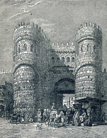 This illustration of the Gate of El Futuh, also known as Bab al-Futuh or Conquest Gate)  in Cairo, Egypt, dates to around 1900. This gate still stands in Cairo and was part of the Old City of Cairo. It was completed in 1087  and faces north. Its rounded towers offered more defense and had shafts for defenders to pour boiling water or oil on attackers.