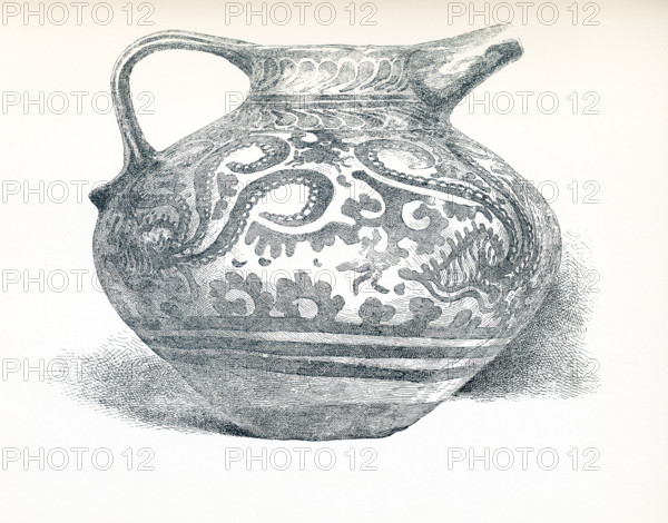 This illustration dates to around 1900. It shows a Minoan Vase or jug that was in the Abbott Collection and is now in the Brooklyn Museum in New York. The vase is considered one of the world's most important works of Minoan pottery. The designs show five mollusks that known as nautili floating above the sea floor. The undulating lines of the water plants and nautili tentacles reflect the Minoans love of blod, sweeping designs. For the Egyptians, Minoan painting must have provided an exotic contrats to their own balanced and ordered designs. It dates to around 1575 to 1500  B.C.