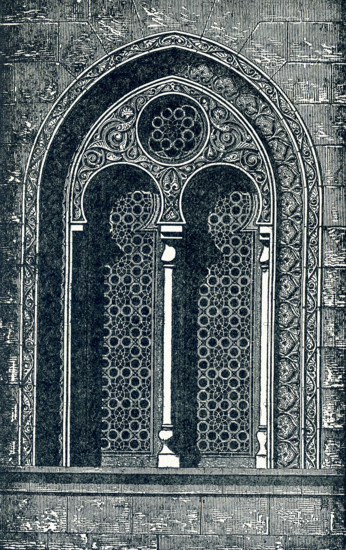 This illustration dates to around 1900. It shows a window in the complex of the Sultan al-Mansur Qalawun (also spelled Kilawun). It is located on al-Muizz li-Din Allah Street, in an area that used to be part of the Western Fatimid Palace in Cairo, Egypt. It dates to A.D. 1285 and the Mamluk period in Egypt. The master architect was Amir Alam al-Din al-Shuja'i. The complex includes a mausoleum, a madrasa, and a hospital. It is made of stone and comprises vertical arched recesses borne by marble pillars within which are windows (one shown here) decorated with interlaced geometric shapes.