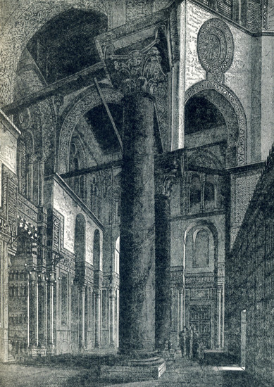 This illustration dates to around 1900. It shows a window in the complex of the Sultan al-Mansur Qalawun (also spelled Kilawun). It is located on al-Muizz li-Din Allah Street, in an area that used to be part of the Western Fatimid Palace in Cairo, Egypt. It dates to A.D. 1285 and the Mamluk period in Egypt. The master architect was Amir Alam al-Din al-Shuja'i. The complex includes a mausoleum, a madrasa, and a hospital. It is made of stone and comprises vertical arched recesses borne by marble pillars (seen here) within which are windows decorated with interlaced geometric shapes.