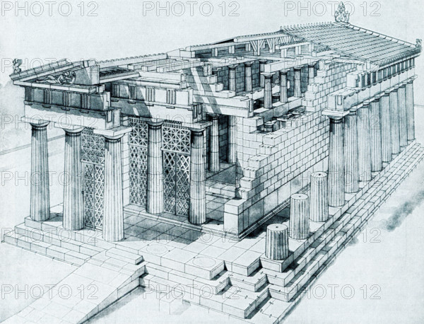 This sketch shows the Temple of Aphaia in Aegina at the beginning of the 5th century BC. It is based on the sdrawing by Furtwangler-Fiechter. The Temple of Athena Aphaia in Aegina: The Temple of Aphaia has been dedicated to goddess Athena and is located on the island of Aegina, on top of a hill. This is one of the ancient architectural wonders of ancient Greece. It was built in 480 BC and 25 of the original 32 Doric columns still stand due to the skill of the restorers. It is situated in a Sanctuary complex in Aegina about 13 km east of the main port.