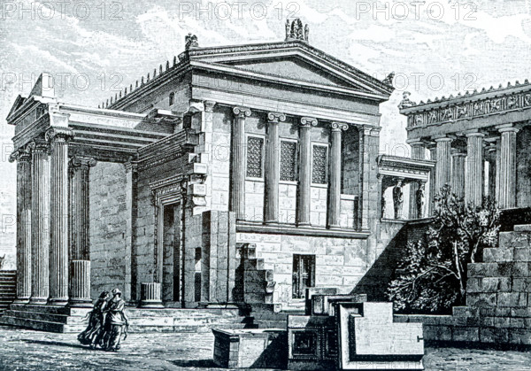 This image shows the Ereichtheion (Erechtheion and Erechtheum) on the Acropolis at Athens. The drawning is based on that by the German-Austrian architrect and archaeologist George Niemann. The areas labled are; North Lobby,  Caryatid Porch, and the Parthenon.