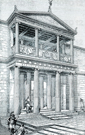 This illustration shows the Entrance Construction on the Acropolis at Pergamon in the 2nd century BC. The drawing is based on R Bohn. Pergamon was founded in the 3rd century BC as the capital of the Attalid dynasty. Located in the Aegean Region, the heart of the Antique World, and at the crossroads between Europe and the Middle East, it became an important cultural, scientific and political center.