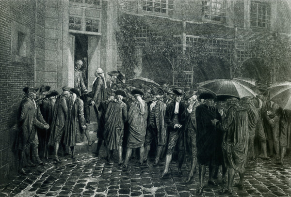 June 19, 1789, is considered the beginning of the French Revolution. At that time, the members of the Third Estate, locked out of their room, adjorned to the tennis courts (seen here) at the Palace of Versailles outside of Paris, France. There, they took an oath not to disband until a constitution had been drawn up for France. The illsutration is by the 19th-century French historical painter Etienne-Lucien Melingue.