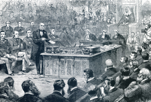 William E. Gladstone (1809-1898) was a British liberal politician. In early 1886, he proposed his First Irish Home Rule Bill, as shown here in this late 1800s illustration. This bill was the first major try to pass a self-governing rule for Ireland and the Kingdom of Great Britain. The Bill failed. In 1893, Gladstone  introduced his Second Home Rule Bill, Another name for these bills were: Government of Ireland Bill of 1886, Government of Ireland Bill of 1893. The second passed in the House of Commons, but was vetoed  in the House of Lords.