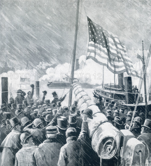 Benjamin Harrison was the 23rd president of the United States. He served from 1889-1893. In this contemporary illustration, Harrison is shown raising the American colors on the United States Mail Steamship New York.