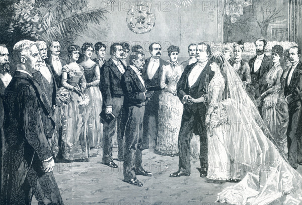 Democrat Stephen Grover Cleveland was the 22nd (1884-1889) and 24th (1893-1897) President of the United States. This 1890s illustration shows Cleveland's marriage in the Blue Room of the White House to Frances Folsom, who was 21 at the time. The date was June 2, 1886. The couple had five children.