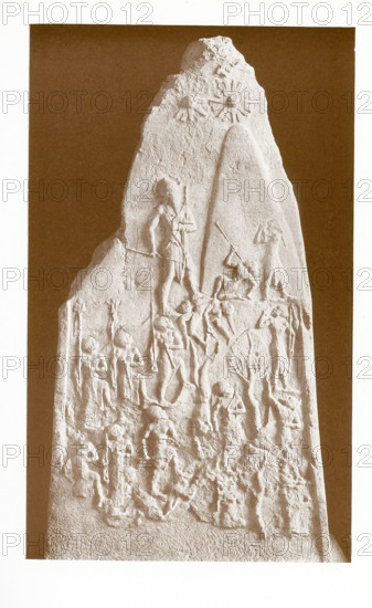 Pictured here is the victory stele (made of pink limestone) celebrating the triumph of the Akkadian king Naram-Sin over a mountain people, the Lullubi. Naram-Sin led his troops over the steep slopes of the enemy territory, crushing all resistance. His victory march is coupled with the ascension of a sovereign who believed he now had the right to claim equal footing with the gods. This stele, which dates to c. 2250 B.C., illustrates the imperial art of the Akkadian Dynasty.  Naram Sin was the grandson of Sargon, the founder of the Akkadian Dynasty.