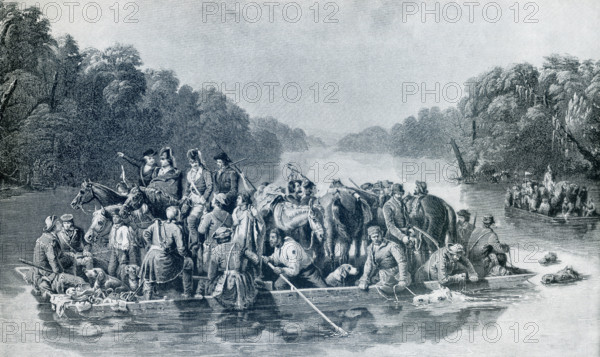 The Pee Dee are a nation of Native Americans in southeastern United States. Francis Marion was the general under whom the Pee Dee fought for the Continentals during the American Revolution. They were known as the Raccoon Company. This illustration, which dates to 1894, shows Marion crossing the Little Pee Dee River in South Carolina in boats that were more life rafts. With him are Pee Dee tribesmen.