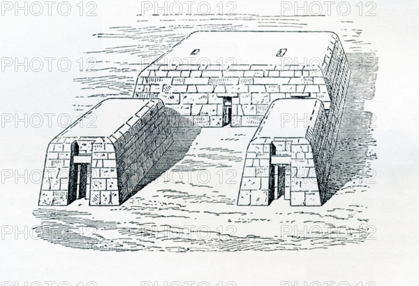 This illustration of a mastaba at Giza is credited to Georges Perrot, professor in the Faculty of Letters in Paris, and Charles Chipiez. It dates to 1883.  Giza is located just southwest of Cairo and the Giza Plateau was the site of a royal necropolisduring the Old Kingdom. It is there that King Khufu (Cheops) built his pyramid - the Great Pyramid and one of the seven wonders of the ancient world. Also there in neighboring burial areas are the tombs of nobles and high-ranking officials, allowed to be buried close to the tomb of the king.  This proximity was believed to help them in the afterlife. A mastaba, named from the Arabic word for 'bench', was a structure built out of mudbricks or stone, with a flat top, and sloping sides. Rulers and royals were buried in them originally, but in the Old Kingdom, pyramids began to be built for rulers. The practice of burying non-royals in mastabas continued for many centuries after the Old Kingdom.