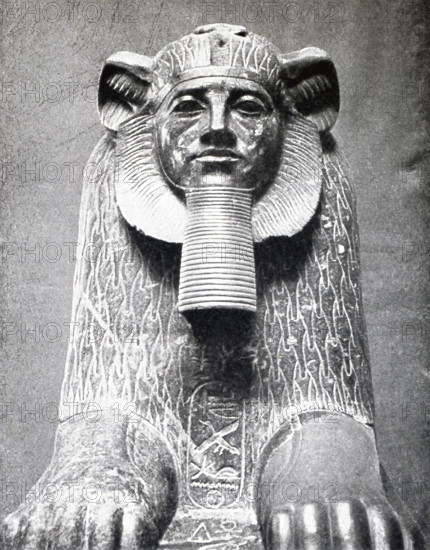 This Hyksos sphinx dates to Egypt's 12th Dynasty (c. 1991-1786 B.C.) and was found in Tanis. The noted French archaeologist Auguste Mariette wrote in 1863 that these black granite sphinxes 'differ from other Egyptian monuments in a very marked way as one sees by comparing them with the Sphinx of Tutmes III and Ramses II. The face is round, the eyes are small, the nose flattened, the cheek bones projecting, the lower lip sliphtly advanced, the ears are those of a bull wehile the mane of a lion encircles the visage.'  The Hyksos were a people from the Middle East who took over the eastern Nile delta, ruling Egypt there from c. 1800 to 1550. Tanis is a city in the northeastern Nile Delta.