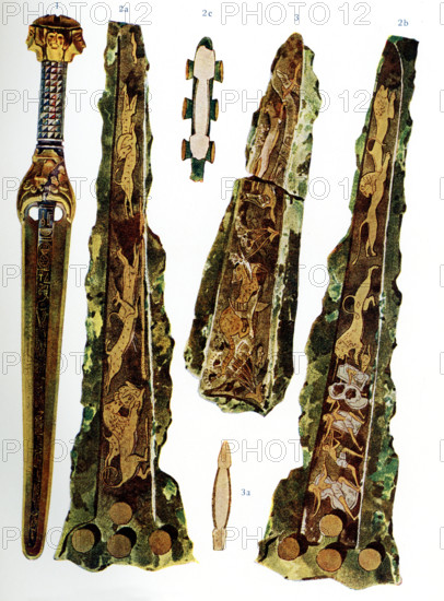 This illustrations shows daggers from ancient Egypt (1) and from the late Bronze Age Greek city of Mycenae (2 and 3) with inlaid designs. These are  early 1900s illustrations of uncovered finds.