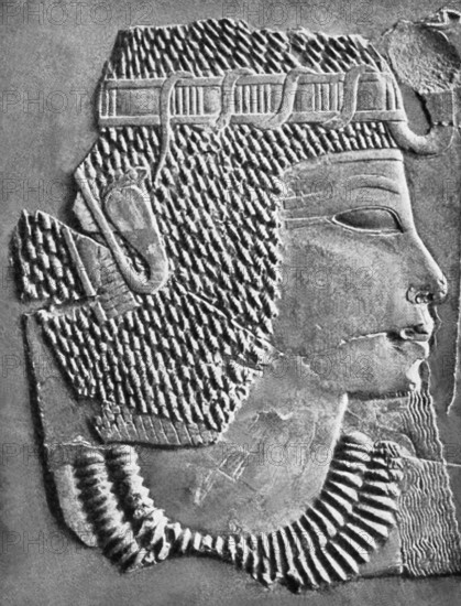 This carved relief shows the head of Amenhotep III with the royal crown and rearing cobra. It was uncovered in Thebes. Amenhotep III was the ninth pharaoh of the 18th Dynasty (New Kingdom). His rule marked the high point of Egyptian civilization. He ruled Egypt from about 1390–1352 B.C. A great builder, Amenhotep controlled an empire that stretched from Syria to Nubia to the western shore of the Red Sea. His successor was his son, Amenhotep IV, the king who changed his name to Akhenaten and called for the worship of the Aten, the light in the sun disk.