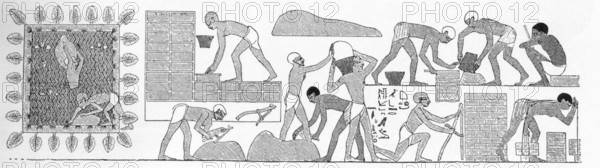 This illustration replicates a relief in the Tomb of Rekhmire and shows Egyptian workers building a wall of mud bricks at the temple of Amun in Thebes. Rekhmire (also Rakmire) Rekhmire (Rakhmiri) was a noble and official who lived at Thebes during the 18th Dynasty. The tomb is located at Sheikh Abd el-Qurna on the West Bank at ancient Thebes (present-day Luxor). The drawing is credited to Karl Richard Lepsius, a 19th century Egyptologist - considered one of the pioneers in the field of archaeology.