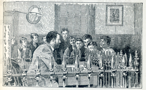 This late 19the-century illustration shows boys in New York City applying to the superintendent at the Water Street Mission for a night's lodging. In 1872 businessman Frederick Hatch bought the property in Lower Manhattan that became the Water Street Mission. He had met Jerry McAuley and put him in charge of this new venture - America's first Rescue Mission.