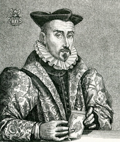 This portrait of Barnabe Brisson was done by Thomas de Leu. Brisson was a French jurist and politician. He lived from 1531 to 1591. During the Wars of Religion—the Protestant Reformation—he became the president of the Parlement, installed by the League (known as the Catholic League and the Holy League).