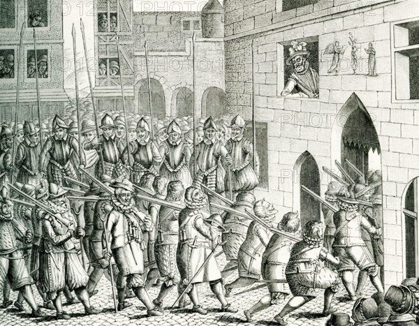 This illustration is taken from the Record of the History of France 1591-1594, and it shows the Spanish contingent leaving Paris followingt he entry into Paris of Henry IV on March 22, 1594. Henry IV had opted to renounce Protestantism and choose Catholicism. Henry IV is seen watching the exit of the troops from a window opening in the gate. The Spanish leave through the Paris gate known as Gate of Saint Denis. The king of Spain, Philip II, had sent the garrison to Paris to help the Catholics in the Wars of Religion.