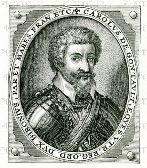 Charles de Gontant-Biron (1562 -1602) served as Marshall of France. This engraving dates to 1602. Gontant-Biron was a French soldier who fought for the rulers of France against the Catholic League. He later aligned himself with Spain. His aim was to divide up France and take for him the area of Burgundy that he would make into a kingdom. For his actions, he beheaded in the Bastille. He served as the basis for the character Berowne in Shakespeare's play  Love's Labour Lost.