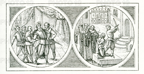 The Marshal de Biron (1562-1602)  was a French soldier, whose efforts won him renown. However, he then plotted to split France into sections and to assume for himself leadership of an independent Burgundy. He was accused in absentia of high treason  and then tricked into coming to Paris, where he was arrested (as seen in the (as seen in the illustration at left) and beheaded at the Bastille (as seen in the illustration at right) on July 31, 1602. The two illustrations here are the front and reserve sides of a medal from the time period.