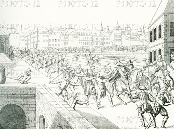 This scene shows the attempt against Henry IV on the Pont-Neuf. This deed is recorded in the memories of l'Estoile (1605). The author of this piece, a man by the name of Jacques de Iles, did not succeed in taking the king by his mantle; but, grasped the knife of a carrier he declared that he wished to kill the king. Despite that, by the express order of the king who wished to see in him a madman, he was not put on trial.