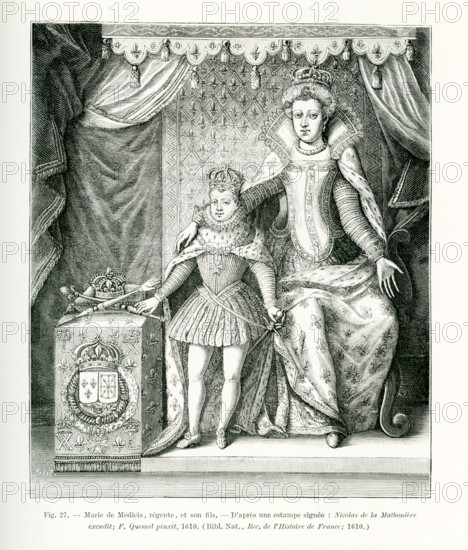 The caption for this engraving reads: Marie de Medicis, the regent and her son, Louis XIII of France. The image is based on a print that was signed: Nicolas de la Mathoniere executed this; F. Quesnel painted it. The date is 1610. Marie (1575-1642) was the second wife of Henri IV of France and thus queen of France. Henri was of the House of Bourbon. She was of the wealthy House of Medici in Italy. Her husband was assassinated in 1610 and she served as regent for her son until her son took power when he was 17 and she was exiled.