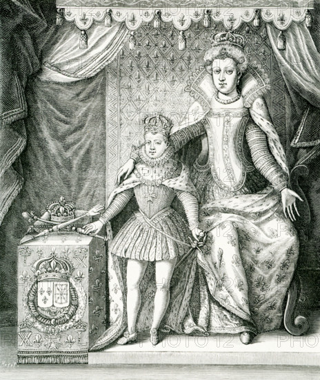 The caption for this engraving reads: Marie de Medicis, the regent and her son, Louis XIII of France. The image is based on a print that was signed: Nicolas de la Mathoniere executed this; F. Quesnel painted it. The date is 1610. Marie (1575-1642) was the second wife of Henri IV of France and thus queen of France. Henri was of the House of Bourbon. She was of the wealthy House of Medici in Italy. Her husband was assassinated in 1610 and she served as regent for her son until her son took power when he was 17 and she was exiled.