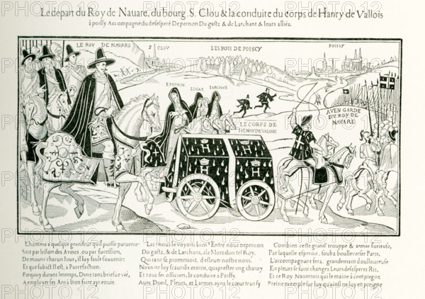 The illustration shows the bringing of the remains of the assassinated Henri III to Poissy, in north-central France. The caption that accompanied it in an 1878 text noted that all were traveling from Paris along Montorgueil Street to Bon Pasteur. Henri III had been assassinated by a religious fanatic, a Dominican friar named Jacques Clement, on August 1 1589. It was the time of the Protestant Reformation and conflicts known as the Wars of Religion.