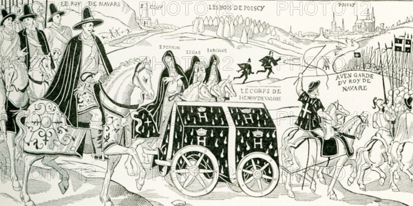 The illustration shows the bringing of the remains of the assassinated Henri III to Poissy, in north-central France. The caption that accompanied it in an 1878 text noted that all were traveling from Paris along Montorgueil Street to Bon Pasteur. Henri III had been assassinated by a religious fanatic, a Dominican friar named Jacques Clement, on August 1 1589. It was the time of the Protestant Reformation and conflicts known as the Wars of Religion.