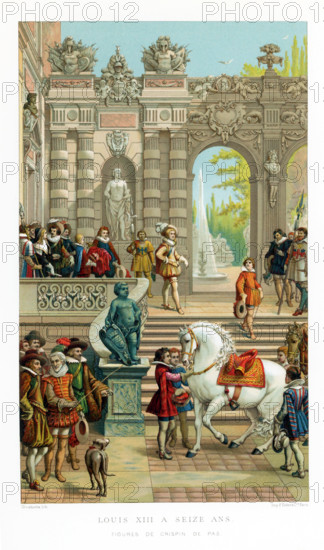 This chromolithograph shows the French king Louis XIII at age 16, the age he was when he took control of the country as king.. He is the figure in the yellowish outfit, with a plumed hat, at the top of the stairs. He is preparing to mount his horse, being held by attendants. Louis had ascended the throne as a minor, in 1610, and so his mother, Marie de' Medici, ruled as regent. He turned 13 in 1614, but Marie continued as regent and ruler til 1617, when Louis at age 16, with his supporters, overthrew  his mother and her supporters. This lithogrpah is by Crispin de Pas, a well-known Dutch publisher and engraver who died in 1637.