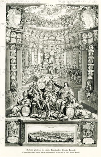 The caption for this engraving reads: 'General History of the Century. The small image, inserted at the base of the piece, is a view of Paris by Merian.' The century involved  is the 17th (1600s). The illustration served as a frontispiece and was done by Boquet. The banner at top reads, in French: Histoire Generale du Siecle 1700. Seated in the forefront are the kings of France in the 1600s - Henry IV, Louis XIII, Louis XIV. Members of the clergy are in a semi-circle behind.