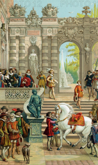 This chromolithograph shows the French king Louis XIII at age 16, the age he was when he took control of the country as king.. He is the figure in the yellowish outfit, with a plumed hat, at the top of the stairs. He is preparing to mount his horse, being held by attendants. Louis had ascended the throne as a minor, in 1610, and so his mother, Marie de' Medici, ruled as regent. He turned 13 in 1614, but Marie continued as regent and ruler til 1617, when Louis at age 16, with his supporters, overthrew  his mother and her supporters. This lithogrpah is by Crispin de Pas, a well-known Dutch publisher and engraver who died in 1637.