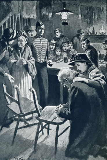 This illustration appeared in the London-based Penrose Pictorial Annual of 1900. The publication was a London-based review of the graphic arts that ran from 1895 to 1982. This image shows a kitchen at a Salvation Lodging House welcoming people of old ages who need food and a place to stay for a while. Such places of refuge were run by the Salvation Army, an Evangelical Christian movement founded in the East End of London by William Booth in 1865. It expanded and gathered adherents who devoted much time to helping the poor and helpless.