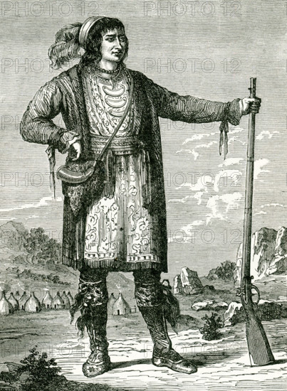 Shown in this illustration from 1896 is osceola, chief of the seminoles. Osceola (1804 -1838), named Billy Powell at birth in Alabama, became an influential leader of the Seminole people in Florida. His mother was Muscogee, and his great-grandfather was a Scotsman, James McQueen. He was reared by his mother in the Creek or Muscogee tradition. When a child, he migrated to Florida with other Red Stick refugees, led by a relative, Peter McQueen. There they became part of what was known as the Seminole people.