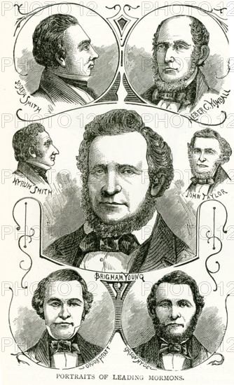 The caption of this 19th century illustration identifies these individuals as the “Leading Mormons.” They are, top to bottom, from left to right: Joseph Smith, Heber Kimball, John Taylor, Hyrum Smith, Brigham Young, Orson Pratt, Orson Hyde. The Church of Jesus Christ of Latter-day Saints, informally known as the LDS Church or Mormon Church, is a restorationist, nontrinitarian Christian denomination and the largest group in the Latter Day Saint movement. The church is headquartered in the United States in Salt Lake City, Utah and has established congregations and built temples worldwide.  The church's core beliefs, circa 1842, are summarized in the 'Articles of Faith', and its four primary principles are faith in Jesus Christ, repentance, baptism by immersion for the remission of sin, and the laying on of hands for the Gift of the Holy Ghost.